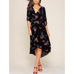 Eliza J Black Burnout Floral 3/4 Sleeve Wrap Midi Dress 6 M Whimsigoth Wedding